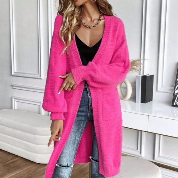 Pink Preppy Womens Dual Pocket Drop Shoulder Open Front Cardigan - Picture 1 of 5